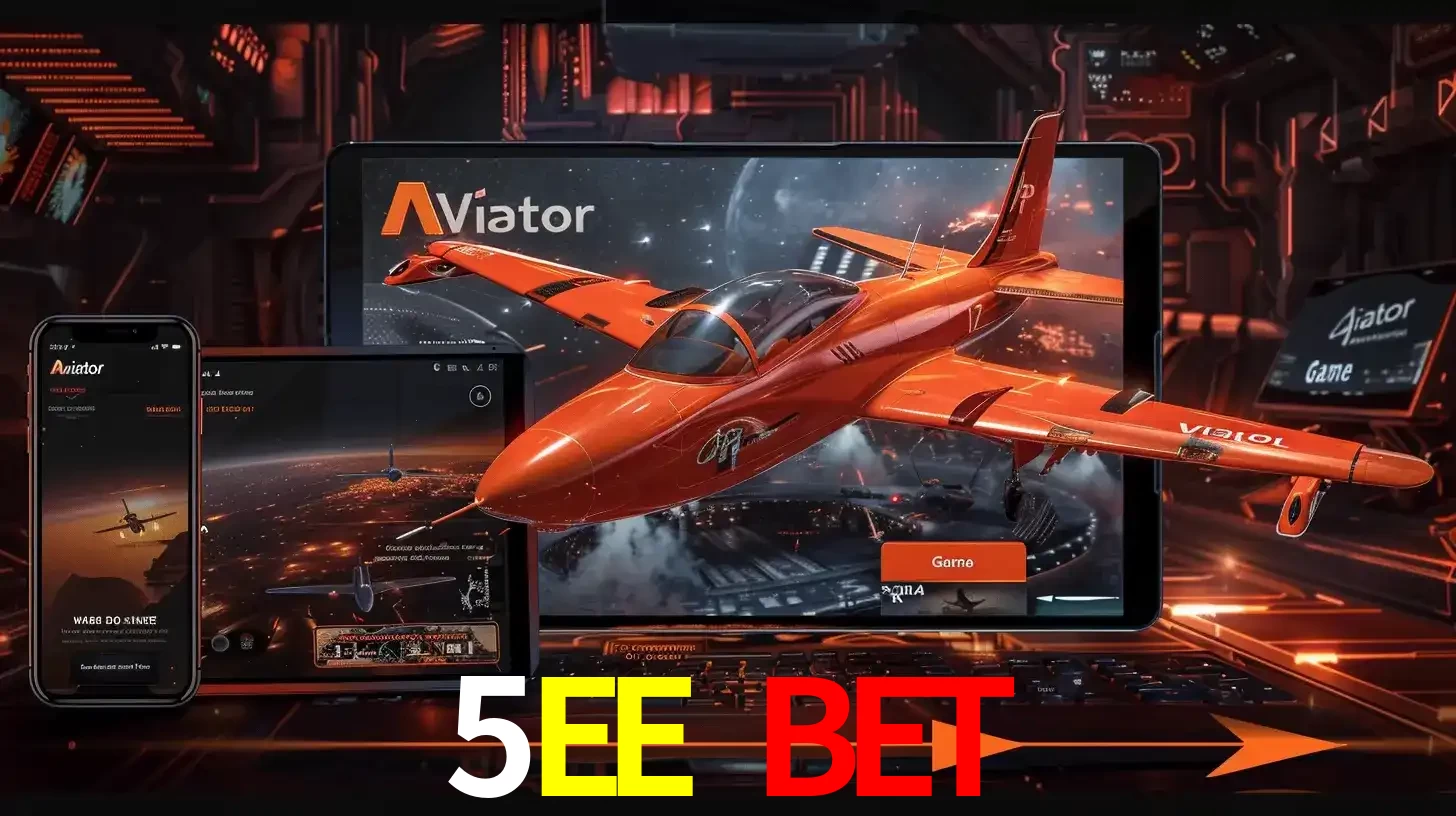 Apresentação tecnológica do jogo Aviator com um avião saindo da tela de um tablet, demonstrando a experiência imersiva em múltiplos dispositivos no 5EE BET.