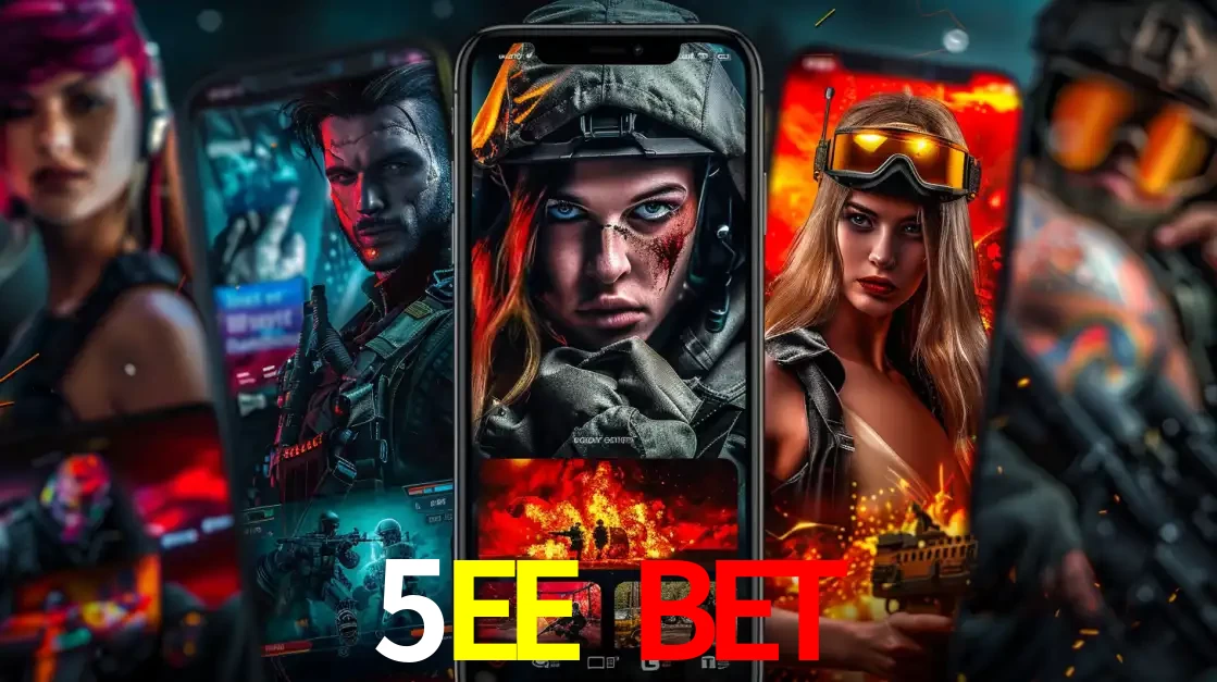 Montagem de telas de celular mostrando diversos personagens, masculinos e femininos, de um jogo de tiro, ilustrando a diversidade de equipes de e-sports para apostar no 5EE BET.