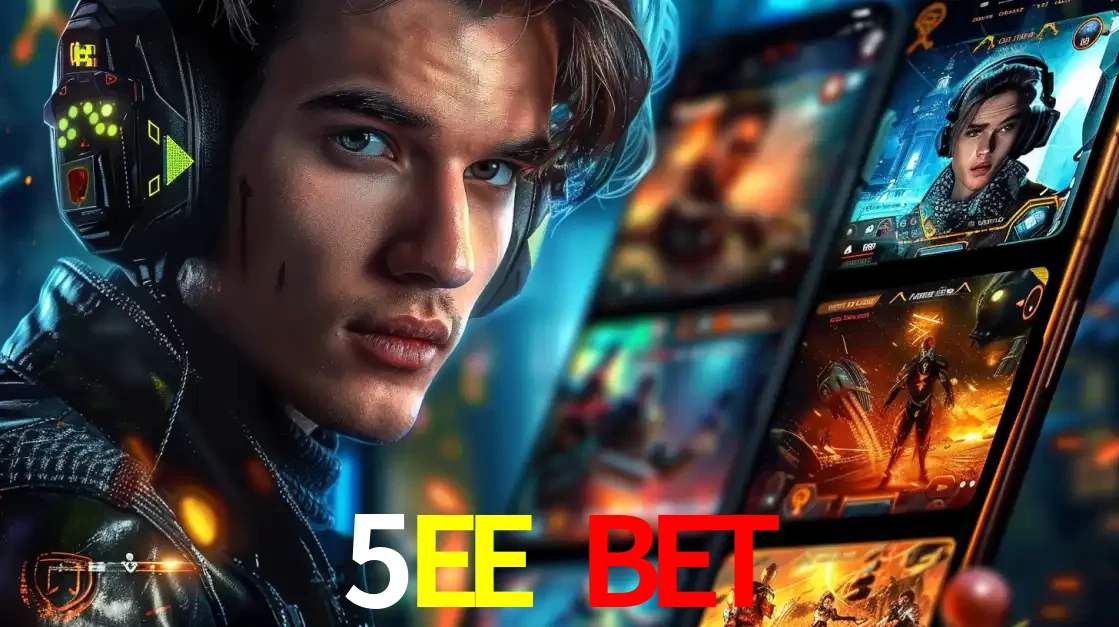 Jovem jogador com fones de ouvido olhando para a câmera, com um aplicativo de jogos e e-sports para celular ao fundo, pronto para a competição e apostas no 5EE BET.
