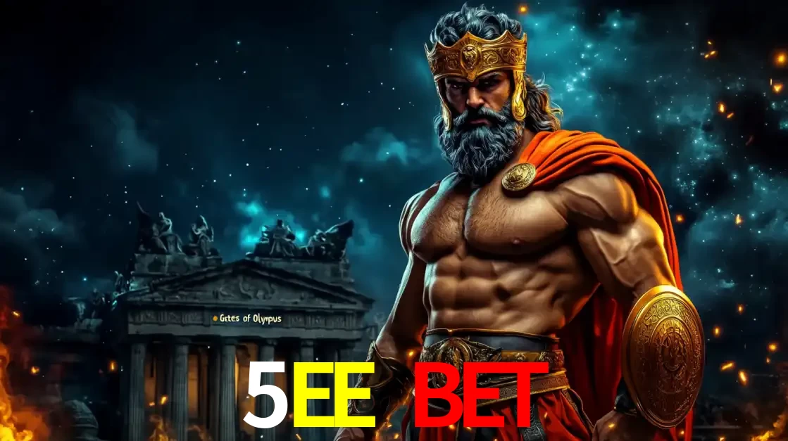 O poderoso Zeus do jogo de slot Gates of Olympus em frente ao seu templo, pronto para lançar multiplicadores divinos e prêmios épicos no cassino online 5EE BET.