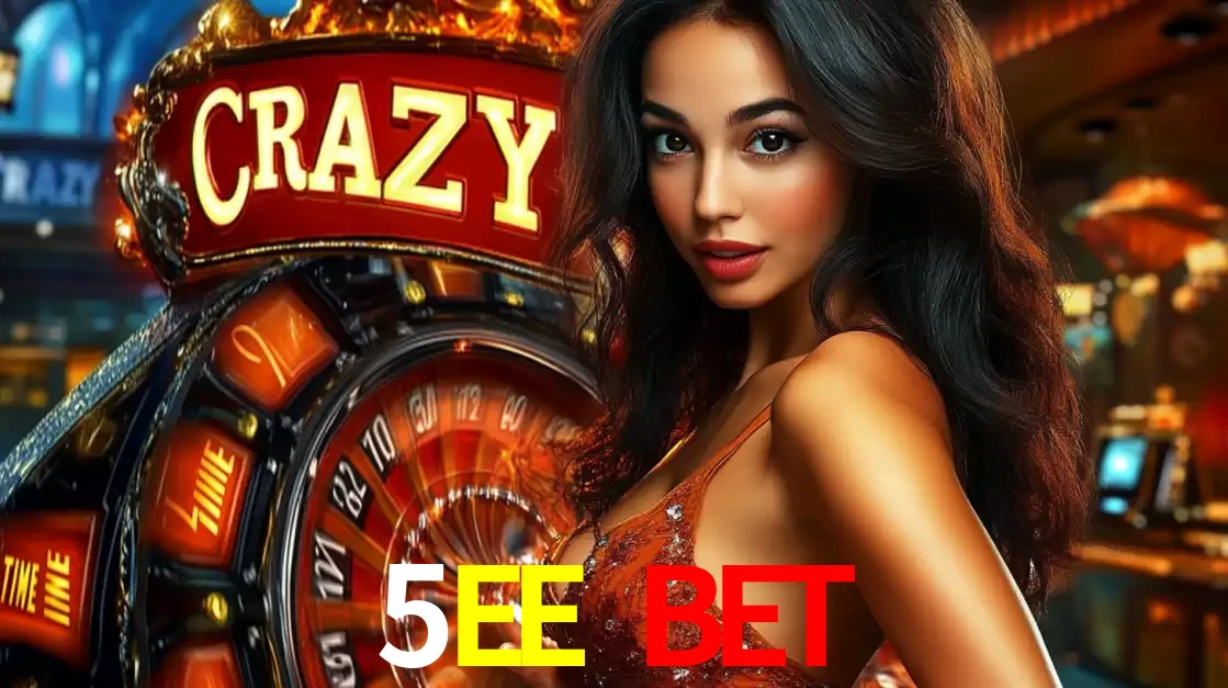 Mulher glamourosa olhando para a câmera com a roda vermelha do Crazy Time ao fundo em um ambiente de cassino, destacando a emoção dos jogos ao vivo no 5EE BET.