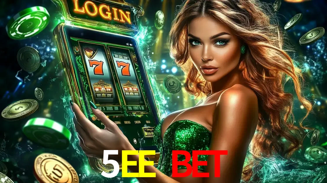 Mulher com tema verde apresentando o aplicativo do cassino 5EE BET com um jogo de slot de 777, cercada por fichas de cassino e uma aura de sorte.