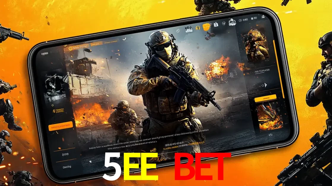 Um smartphone exibindo a interface de um jogo de tiro em primeira pessoa, com um soldado em um cenário de batalha, representando a ação dos e-sports para apostar no 5EE BET.