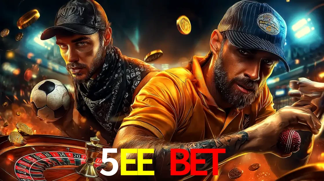 Montagem de apostas esportivas e cassino no 5EE BET, com um homem segurando uma bola de futebol e outro uma de beisebol sobre uma roleta e moedas voadoras.
