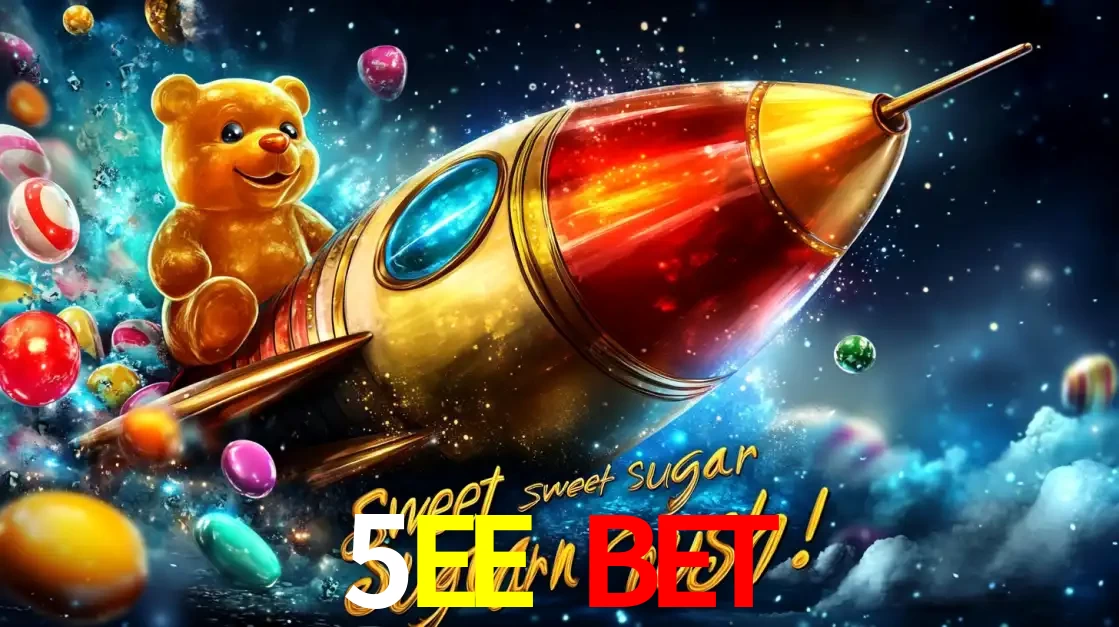 Arte promocional do jogo de slot Sugar Rush, com um urso de pelúcia em um foguete viajando pelo espaço de doces, um dos jogos divertidos disponíveis no cassino 5EE BET.