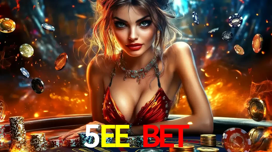 Mulher em uma mesa de cassino com pilhas de fichas e um fundo de fogo, pronta para uma rodada de altas apostas nos jogos de mesa emocionantes do cassino 5EE BET.