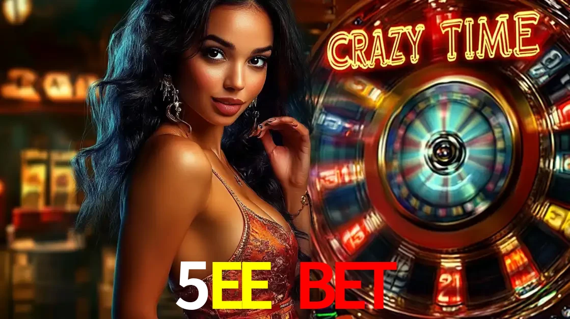 Mulher elegante ao lado da vibrante roda da fortuna do jogo de cassino ao vivo Crazy Time, um dos game shows mais populares e cheios de prêmios do 5EE BET.