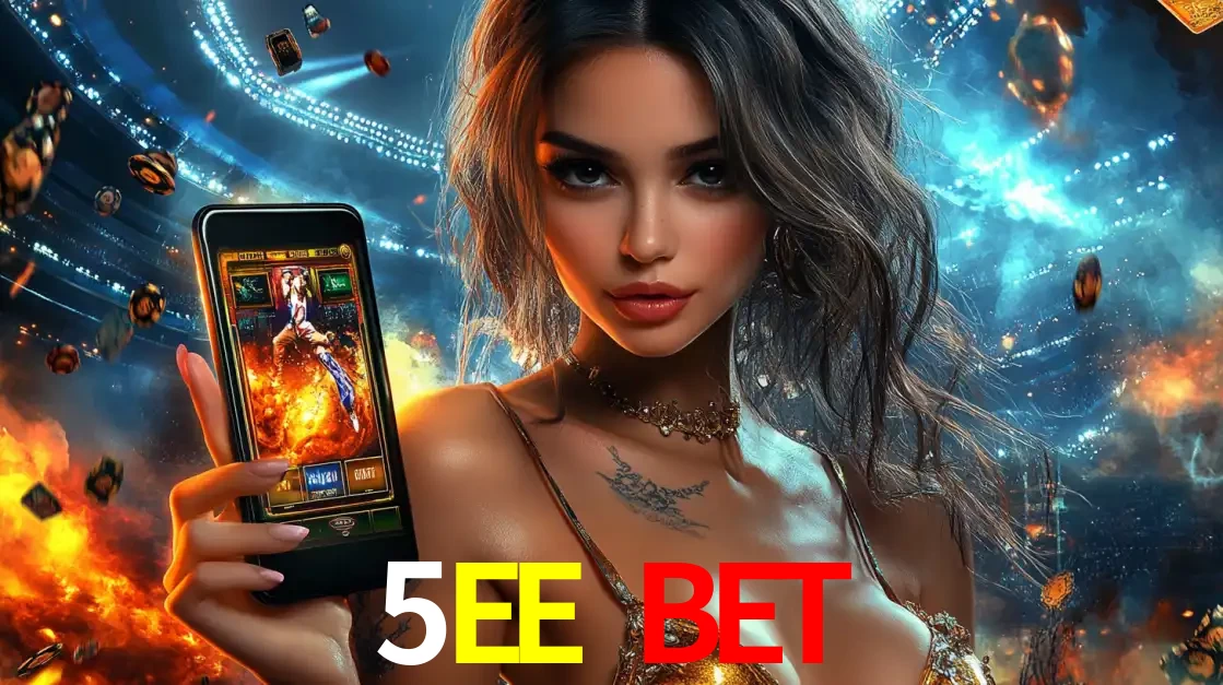 Mulher segurando um celular com um jogo de slot em destaque, tendo como fundo um estádio vibrante, simbolizando a emoção de jogar no cassino móvel 5EE BET.