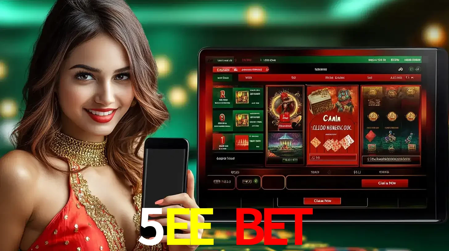 Mulher sorridente segurando um smartphone, ao lado de uma tela exibindo o lobby de jogos do cassino online 5EE BET, com várias opções de jogos de cartas e slots.